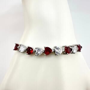 Heart Glass Gems Red White Love Valentine Silver Tone Adjustable Bolo Bracelet